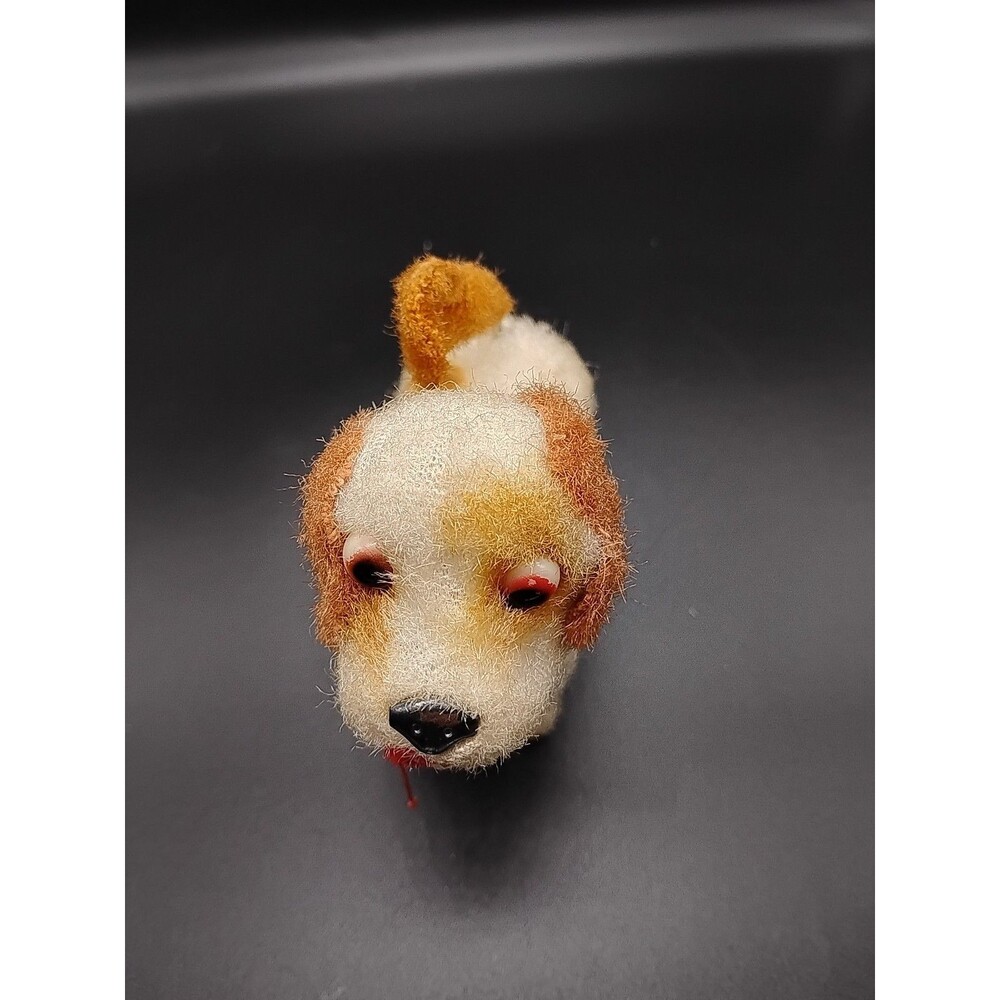 ALPS 1950s Wind Up 5" White & Brown DOG Toy WORKS Tail Spins Fast JAPAN Rare